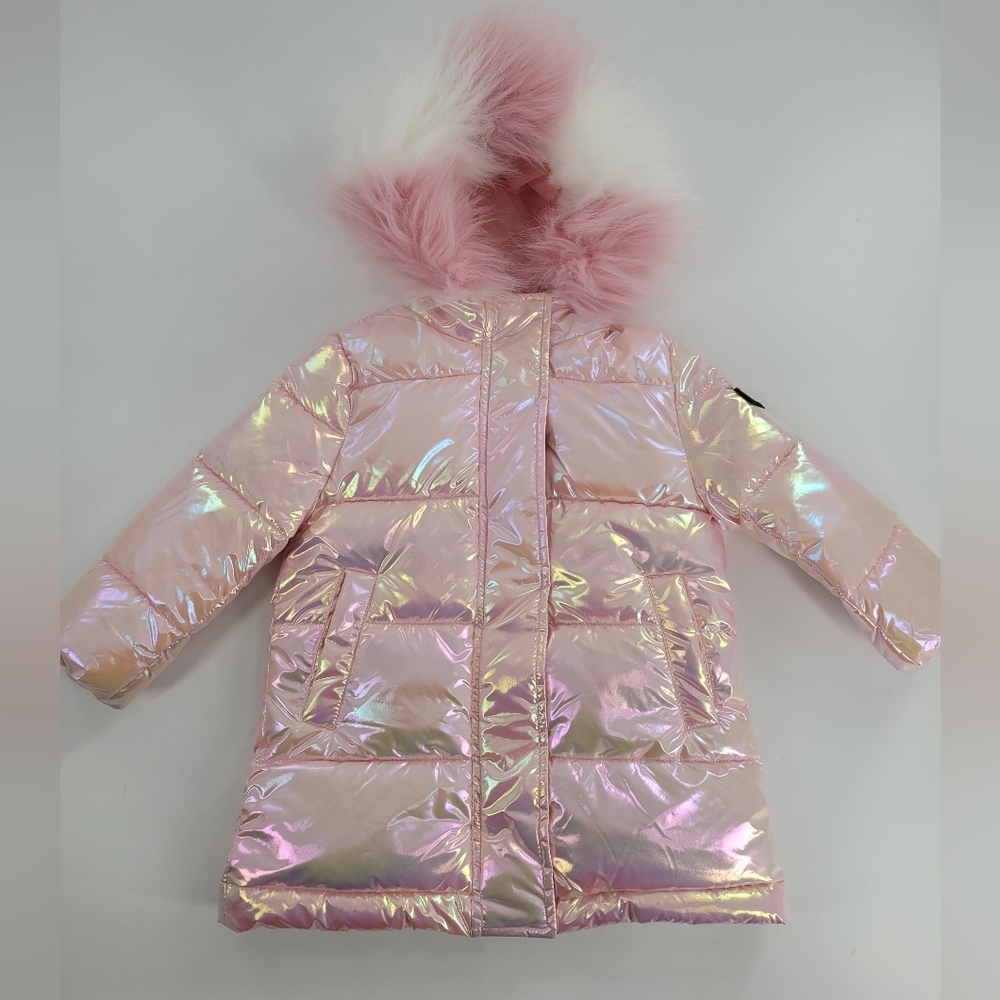 Sam Edelman Girls' Iridescent Winter Puffer Coat - Faux Fur Hood Size 2T‎